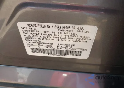 2010 Infiniti G37X z USA, uszkodzony, nr VIN JN1CV6AR3AM458059